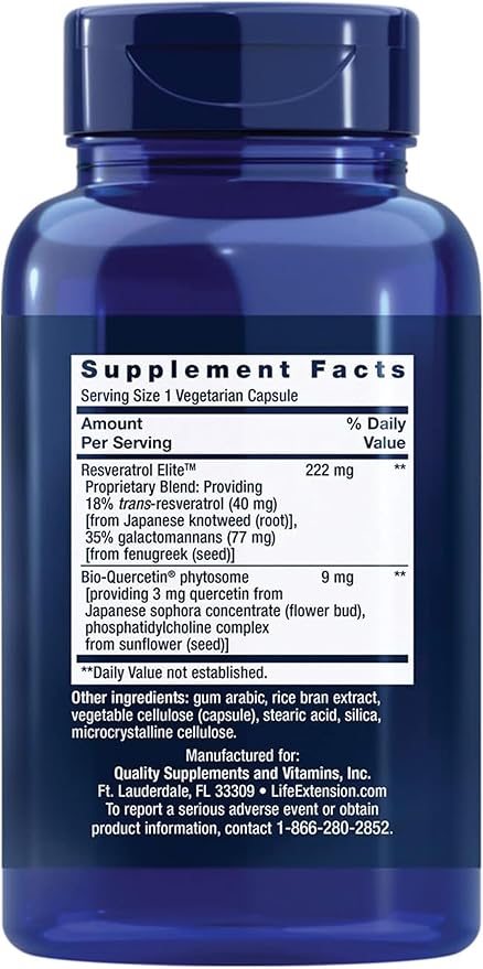 Life Extension Optimized Resveratrol Elite Trans-resveratrol quercetin Healthy Aging Heart Health Brain Health oxidative Stress Gluten-Free Non-GMO Vegetarian 60 Capsules (Pack of 2)