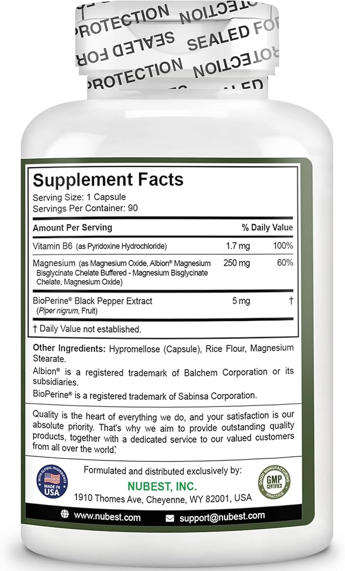 Magnesium Glycinate Chelate Complex with Albion Magnesium Bisglycinate Chelate Vitamin B6 &amp BioPerine for Bone Muscle Natural Sleep Nerve Function Brain Booster | 3 Months Supply