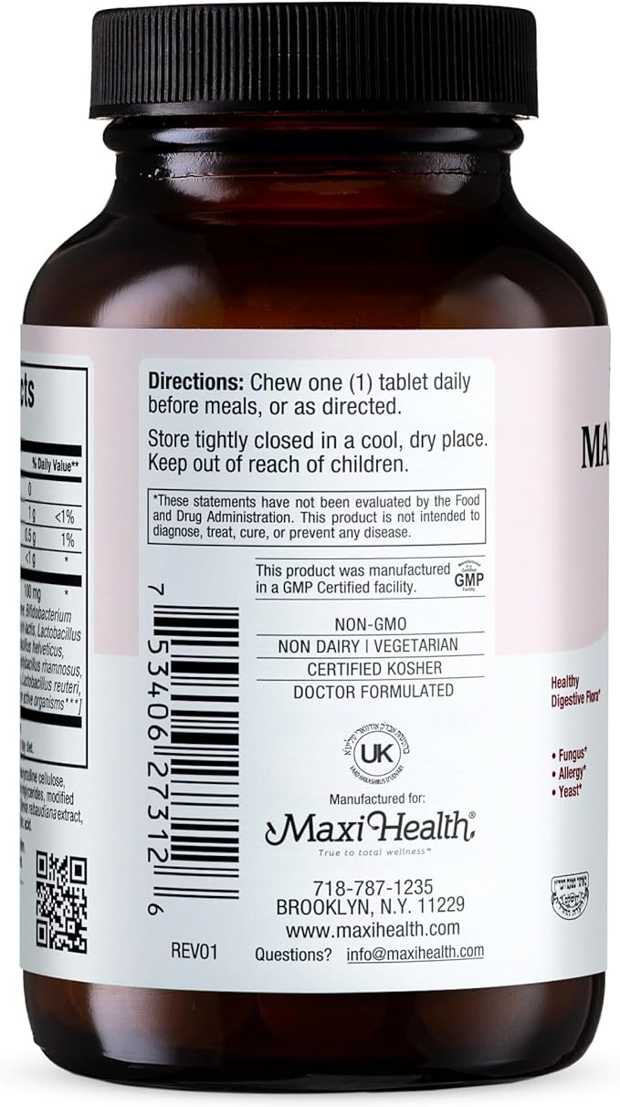 Maxi Health Active Pro-10 Kids Probiotic Chewables – 15 Strains for Digestive &amp Immune Health –10 Billion probiotic Blend- Dairy-Free Kosher – Supports Gut Health Vegetarian – 60 ct (Shelf Stabl