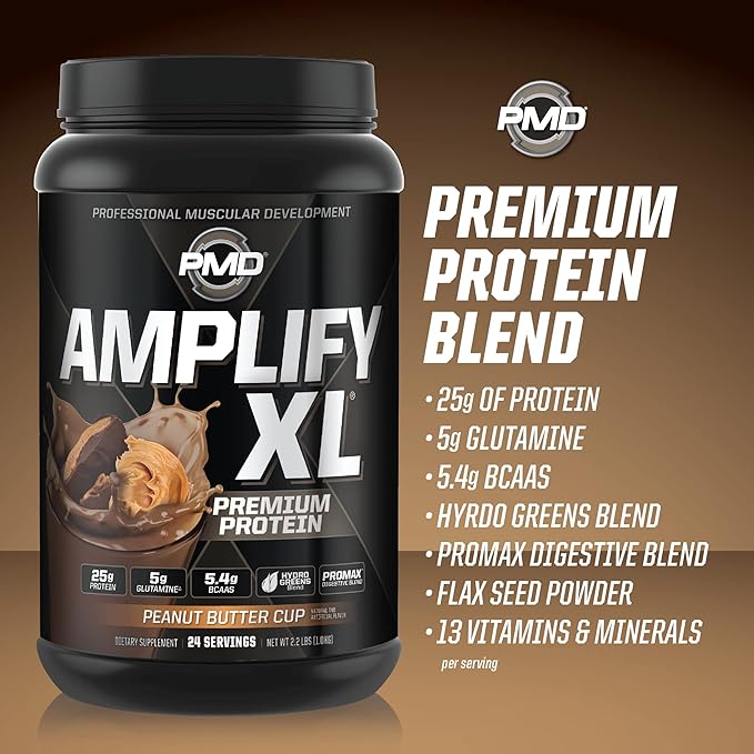 PMD Sports Amplify XL Premium Whey Protein Supplement Hydro Greens Blend - Glutamine and Whey Protein Matrix with Superfood for Muscle Strength and Recovery - Peanut Butter Cup (24 Servings)