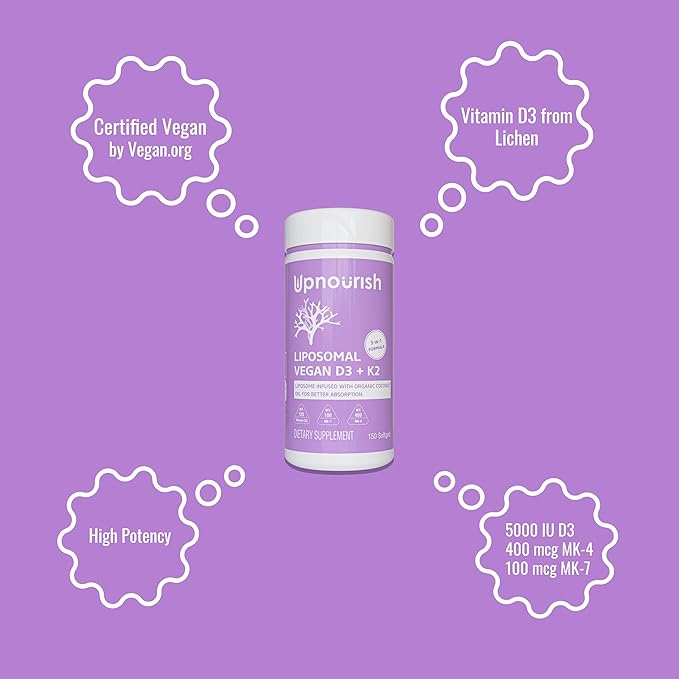UpNourish Certified Vegan Vitamin D3 5000 IU K2 MK4 MK7 500 mcg Supplement 150 Softgels Plant Based Liposomal Vitamin D K with Organic Coconut Oil Non GMO Gluten and Gelatin Free