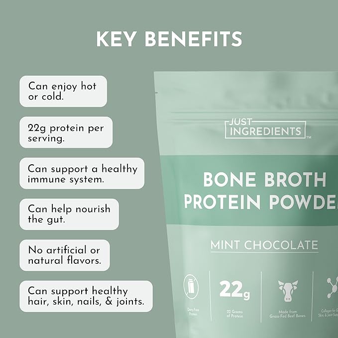 Bone Broth Protein Powder – Mint Chocolate | 15 Servings | 21g Grass-Fed Protein per Serving | Dairy-Free | Collagen for Gut Skin &amp Joint Support | Made with Real Food Ingredients