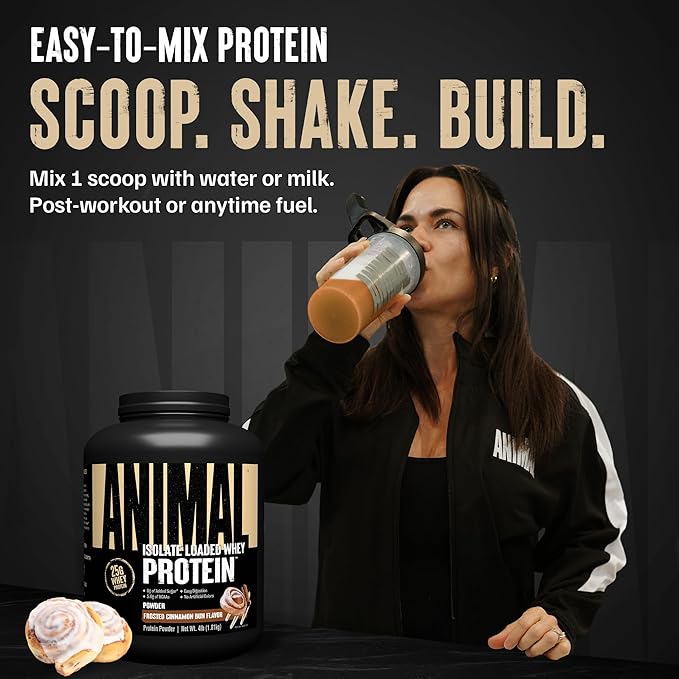 Animal Whey Isolate Protein Powder - Loaded for Pre &amp Post Workout Muscle Builder and Recovery with Digestive Enzymes for Men &amp Women - 25g Protein Great Taste Low Sugar - Frosted Cinnamon B