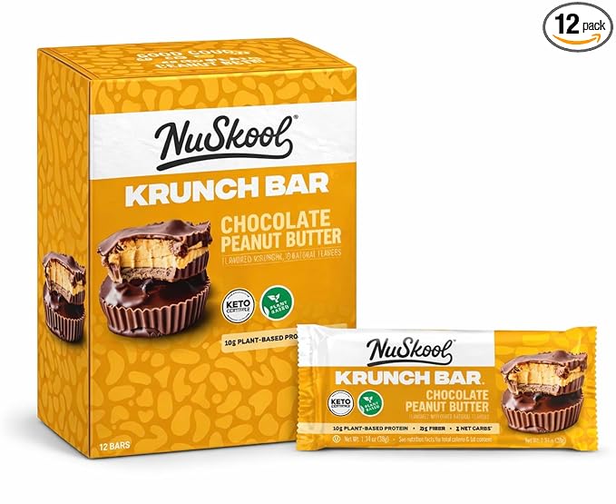 NuSkool Snacks Chocolate Peanut Butter Keto Friendly Protein Krunch Bars (12 Pack) - 7g Fiber 10g Clean Plant-Based Protein 3g Net Carbs - Gluten-Free Non-GMO Vegan Low Carb Keto Healthy Breakfas