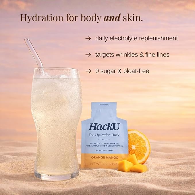 HackU Hydration Hack Electrolyte &amp Skin Hydration Packets – Sugar Free Bloat-Free Drink Mix with Magnesium Hyaluronic Acid &amp Ceramides for Daily Glow &amp Moisture Support