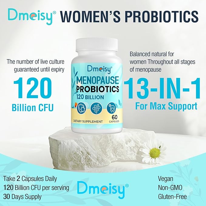Menopause Supplements for Women 120 Billion CFU Probiotic 13-in-1 Herbs Probiotics Complex for Menopause Relief Hormone Balance Hot Flashes Night Sweats Mood Swings Gut &amp Immunity - 60 Cap
