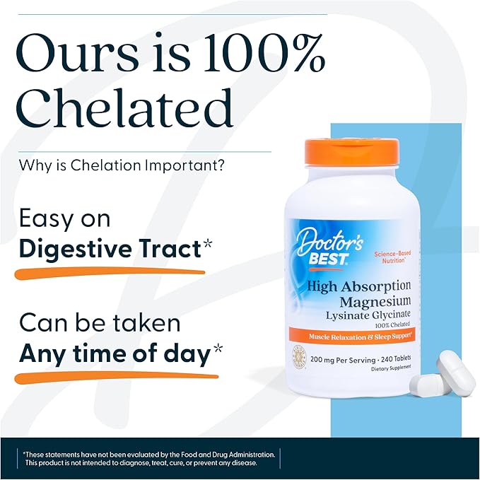 Doctor's Best High Absorption Magnesium Glycinate Lysinate Supplement for Sleep Support - Chelated Magnesium Tablets for Women &amp Men 200mg per Serving Supports Calm &amp Relaxation Vegan - 240
