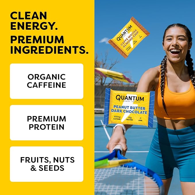 Quantum Energy Square: Energy Bar with Caffeine &amp 10g Protein. Delicious Healthy Snack On The Go. (Vegan Gluten-free Soy-free Dairy-free) (Variety 12-Pack)
