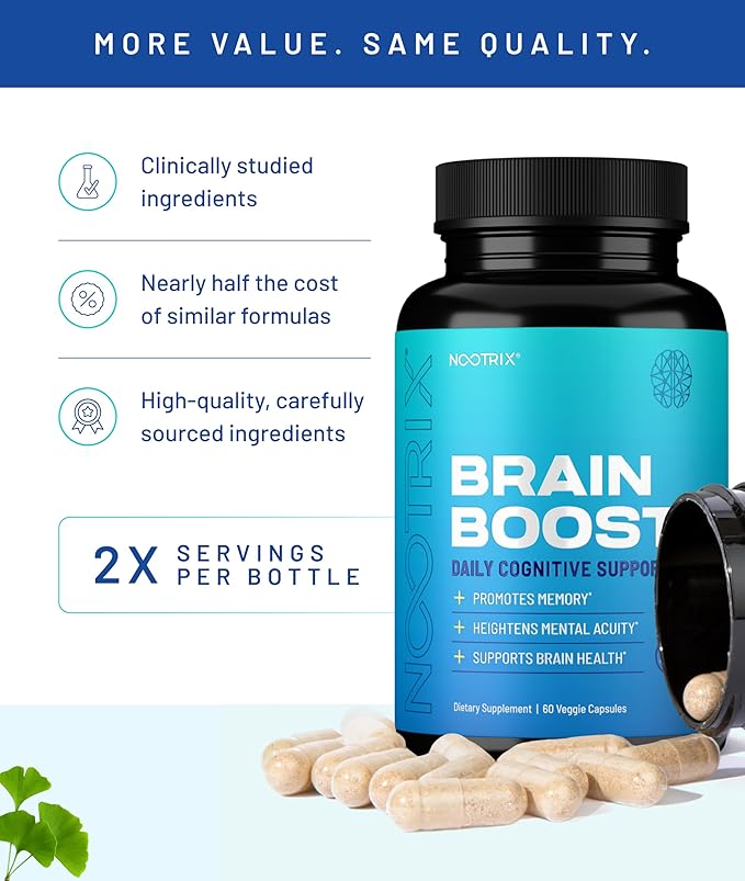Nootrix Brain Boost Nootropic Supplement | Supports Memory Mental Focus Cognitive Health &amp Energy | Promotes Healthy Mood &amp Brain Function | Ginkgo Biloba &amp DMAE | 60 Capsules