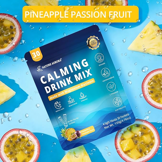 Calming Powdered Drink Mix Cortisol Drink Mix Powder with Magnesium Glycinate Ashwagandha L-Theanine Vitamin Cortisol Support Supplements for Relax Focus &amp Calm Pineapple Flavor 30 Packets