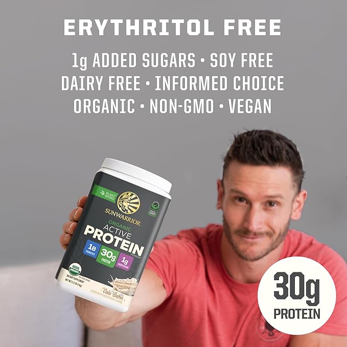 Sunwarrior Organic Plant Based Protein Powder | Vegan Organic Protein Powder with BCAA Amino Acids Plus Recovery Minerals &amp Botanicals | Non-GMO Soy Dairy &amp Gluten Free (Cake Batter 20 Servin