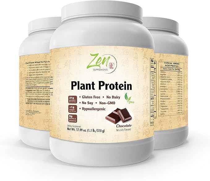 Zen Supplements - Plant Protein-Chocolate 510G 1.1LB -Powder - 23 Grams of Protein Per Serving -Vegan Low Net Carbs Non Dairy Gluten Free Lactose Free No Sugar Added Soy Free Kosher Non-GMO