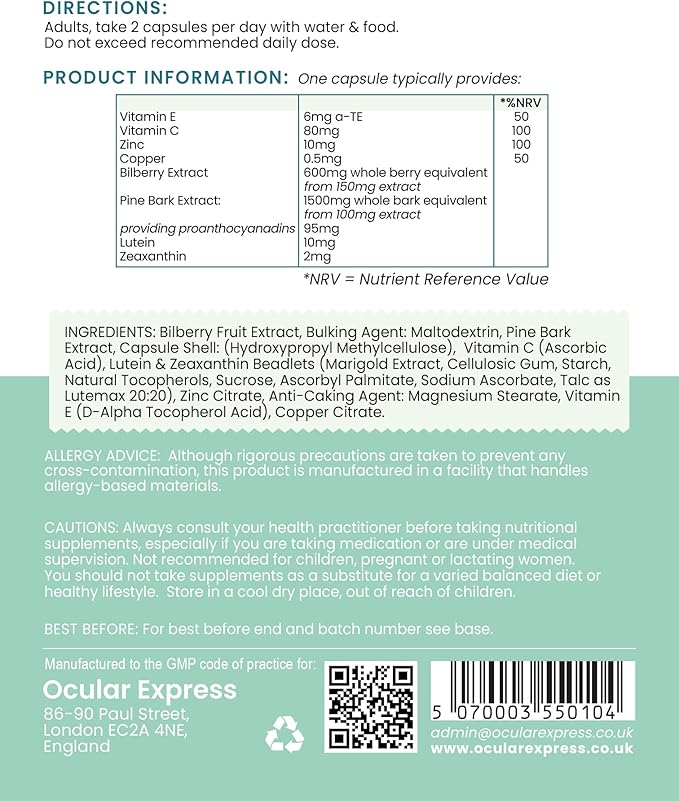Macusure Vision Support Supplement 60 Capsules Lutein and Zeaxanthin with Bilberry and Pine Bark 1 Month Supply