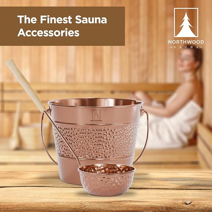 Sauna Bucket and Ladle Set - Handmade from 100% Pure Copper - Eucalyptus Wood Handles - 1 Gallon (4 Liters) Water Capacity