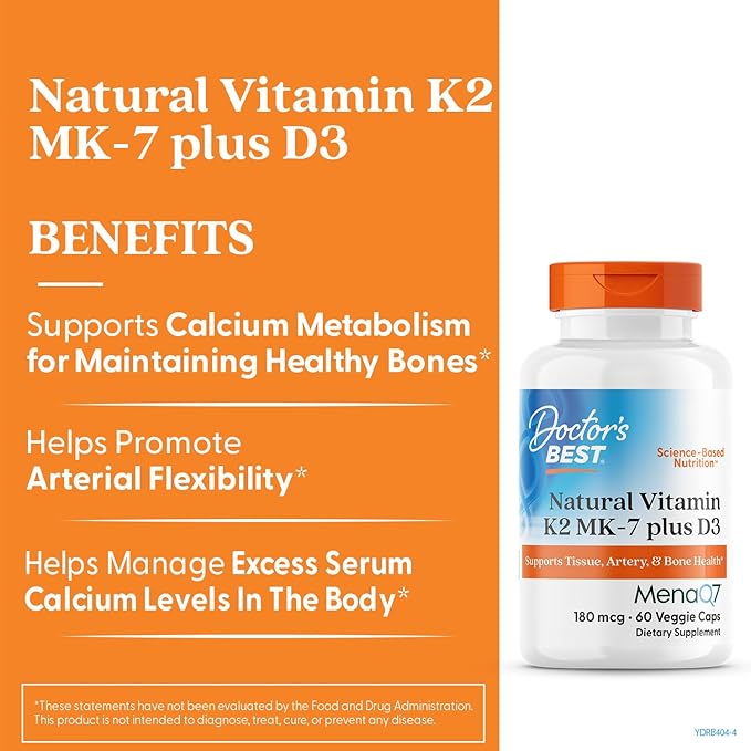 Doctors Best Natural Vitamin K2 MK-7 Plus D3 Supports Tissue Artery &amp Bone Health Non-GMO Gluten Free Soy Free Vegetarian 60 Veggie Caps