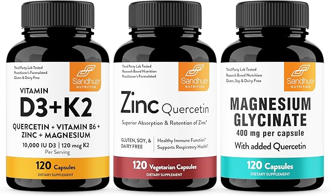 Sandhu's Vitamin D3 K2 10000 IU Bundle with Zinc Quercetin &amp Magnesium Glycinate Capsules (120 Count Each) | for Men &amp Women