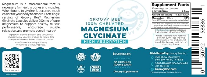 Groovy Bee® Magnesium Glycinate High Absorption 500mg 90 Caps