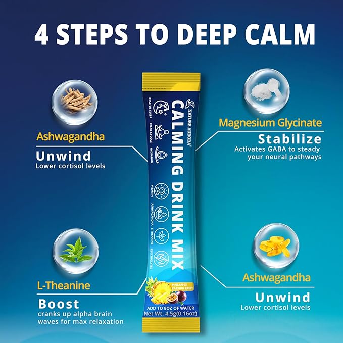 Calming Powdered Drink Mix Cortisol Drink Mix Powder with Magnesium Glycinate Ashwagandha L-Theanine Vitamin Cortisol Support Supplements for Relax Focus &amp Calm Pineapple Flavor 30 Packets
