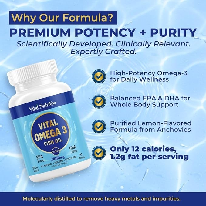 Vital Omega 3 Fish Oil Supplements 2400mg | 864mg EPA &amp 576mg DHA | 1440mg Total Omega-3 Fatty Acids | Promotes Brain &amp Heart Health | Non-GMO Gluten-Free Sugar-Free | Lemon | 30 Day Serving