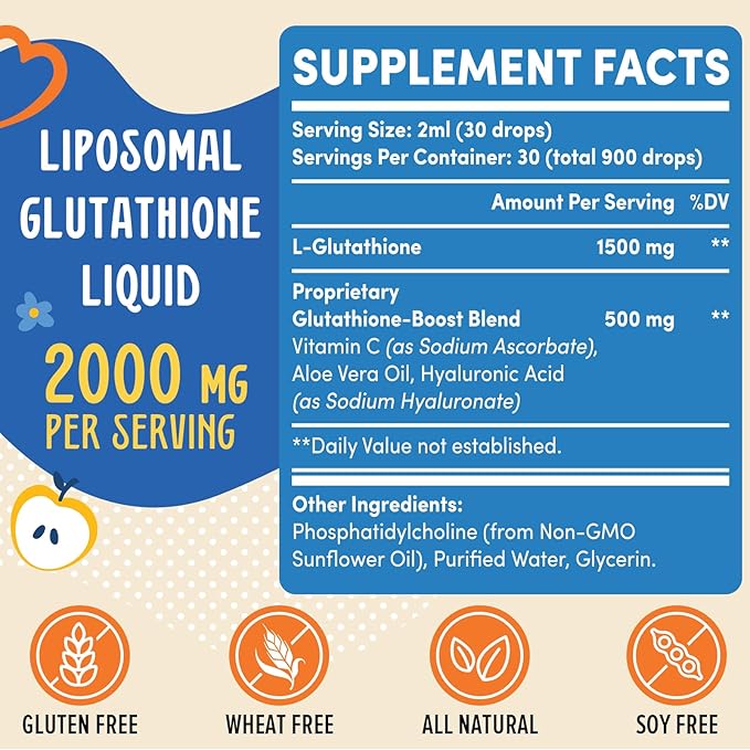 2000MG Liposomal Glutathione Liquid 98% Absorption Active Form L-Glutathione Supplement Vegan Friendly Powerful Antioxidant Complex for Immune System Aging Defense Detox 2 FL.OZ
