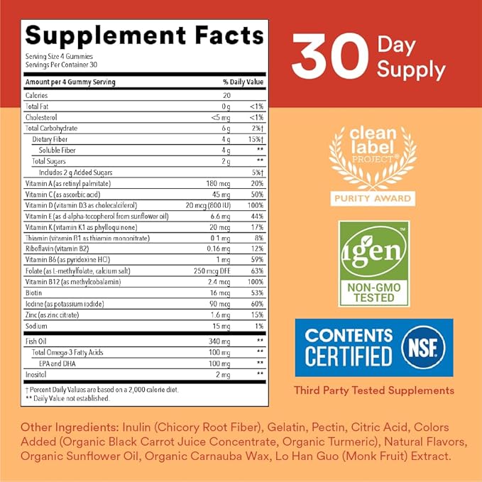 SmartyPants Women's Multivitamin Gummies Sugar Free: Biotin Methylfolate Omega 3 (ALA) Vitamin D &amp Kids Multivitamin Gummies and Fiber Supplement: Omega 3 Fish Oil (EPA/DHA) Vitamin D3