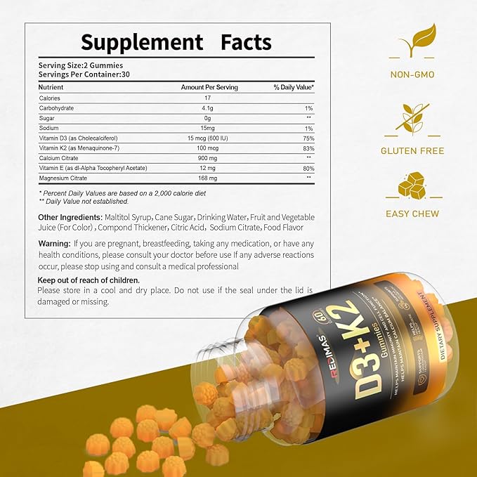 Calcium Gummies with Vitamin D3 K2 and Vitamin E Chewable Calcium and Magnesium Supplement with Multi-Vitamin Complex Gummy Format for Daily Nutrient Intake for Women and Men 60 Gummies