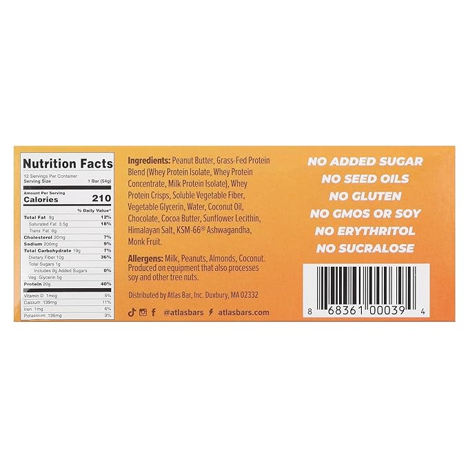 Atlas Bar Grass-Fed Whey Protein Bar Peanut Butter Chocolate Chip 12 Bars 1.9 oz (54 g) Each