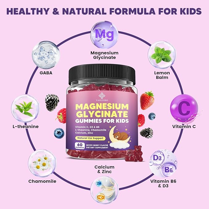 Kids Magnesium Gummies - Magnesium Glycinate Gummies 400mg/200mg with L-Theanine Chamomile Vitamin B6 D3 for Kids Relaxation &amp Zzz Support Nerve Bone - Sugar Free Mixed Berry Flavor 120ct