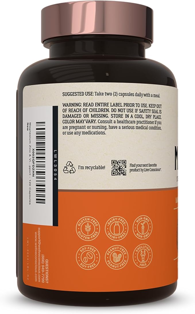 Live Conscious Magwell Magnesium Zinc &amp Vitamin D3 - Magnesium Glycinate Malate &amp Citrate - Triple Supplement for Women &amp Men - for Sleep Bone Heart Immune Support - 120 Caps
