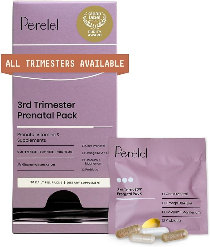 Perelel 3rd Trimester Prenatal Pack Multivitamin with Magnesium Omega 3 Probiotics &amp Calcium Nutritional Support for Third Trimester Wellness Soy &amp Gluten Free Non GMO 30 Daily Pill Pac