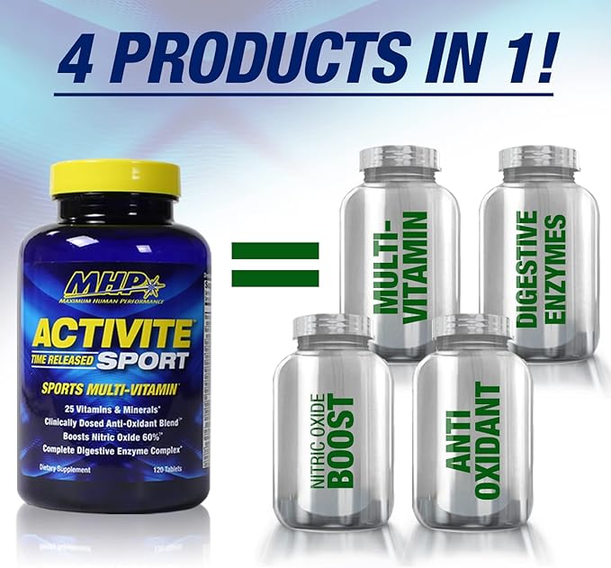 MHP Activite Sport Multi Vitamin 25 Vitamins and Minerals Nitric Oxide Booster Digestive Enzymes Antioxidants 120 Tablets