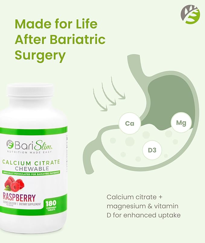 BariSlim Bariatric Calcium Citrate with Magnesium &amp Vitamin D Tabs - 500mg Calcium Citrate - Formulated for Post Weight Loss Surgery - Supports Bone Health | Raspberry Flavor | 180 Tablets