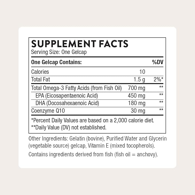 THORNE - Omega-3 with CoQ10 - Fish Oil Supplement with EPA &amp DHA from Sustainably Sourced Fish - Supports Brain Skin Joint &amp Heart Health* - Third-Party Certified - Gluten &amp Dairy-Free -