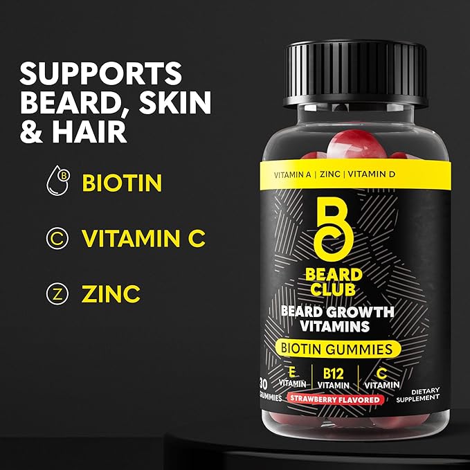 The Beard Club Biotin Beard Growth Vitamin Gummies - Hair Supplement for Men - Vitamins B12 E &amp C to Support a Thicker Fuller Looking Facial Hair - Strawberry Gummy
