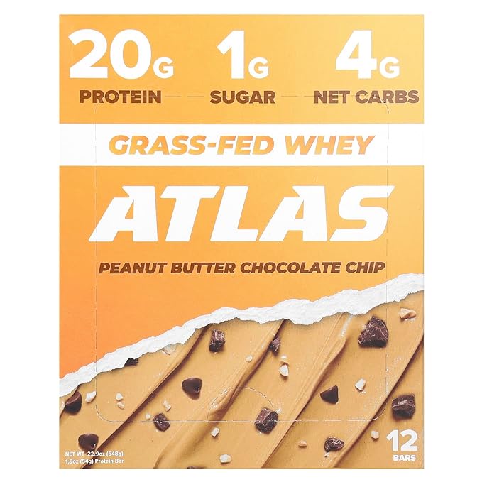 Atlas Bar Grass-Fed Whey Protein Bar Peanut Butter Chocolate Chip 12 Bars 1.9 oz (54 g) Each