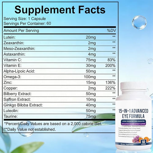 15 in 1 Advanced Eye Formula - Eye Vitamin and Mineral Supplement with Lutein Zeaxanthin Zinc &amp Bilberry Extract - Vision &amp Focus Support 60 Capsules