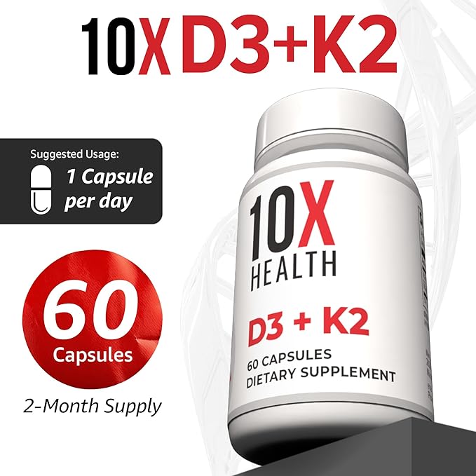 10X Health Vitamin D3 5000 IU &amp K2 MK7 - Menaquinone 7 High-Potency D3 K2 Vitamin Supplement for Bone Health Heart and Teeth - 125 mcg Vitamin D &amp 90 mcg Vitamin K2-60 Capsules