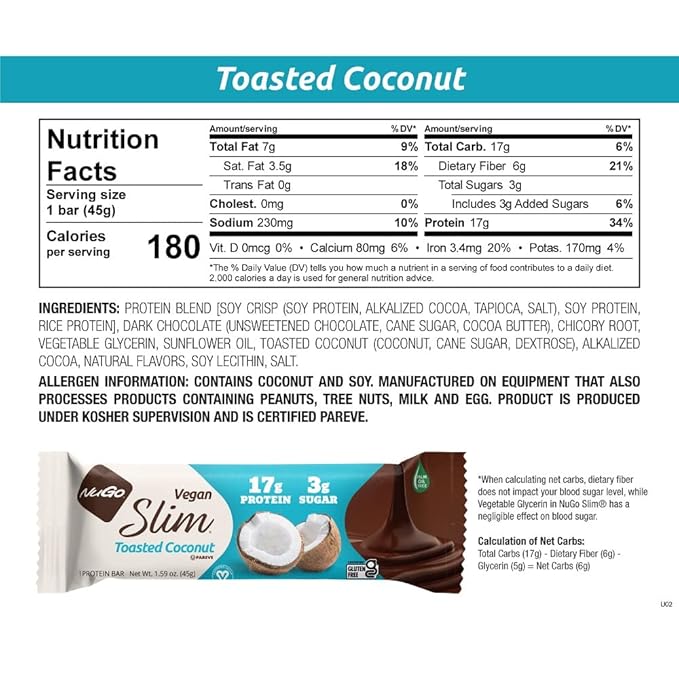 NuGo Slim Dark Chocolate Toasted Coconut 16g Vegan Protein 3g Sugar 7g Fiber Low Net Carb Keto Friendly Gluten Free 12 C