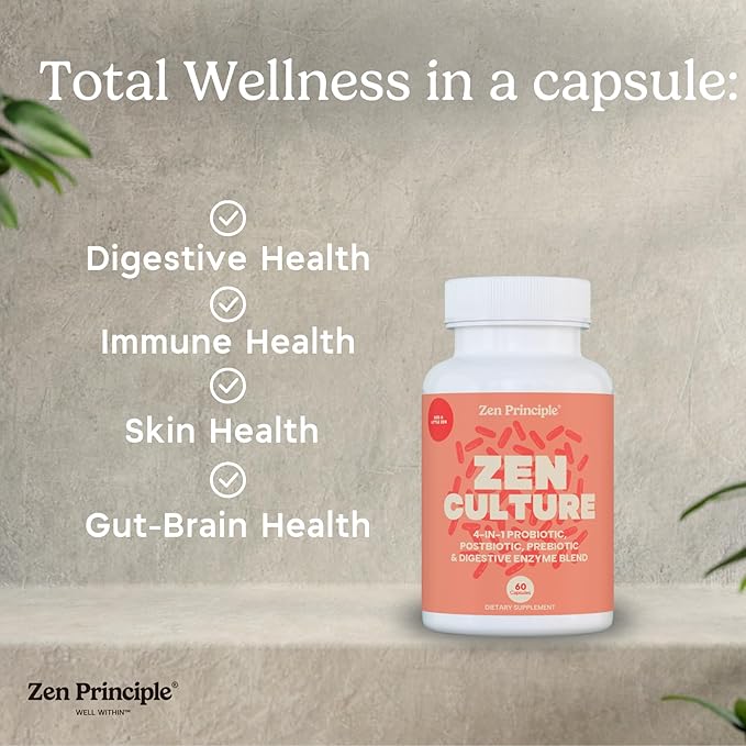 Zen Principle Zenculture™ – 4-in-1 Synbiotic Supplement (Probiotic + Prebiotic + Postbiotic + Digestive Enzymes) with CoreBiome®. Anti Bloating Immune &amp Brain-Gut Health. 120 Capsules