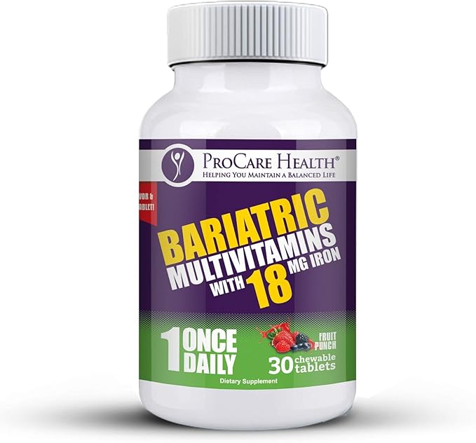 ProCare Health Bariatric Chewable Multivitamin with Iron 18mg (30 Tablets) - Fruit Punch Flavor Bariatric Multivitamin Chewable for Gastric Bypass &amp Sleeve Gastrectomy Patients* (1 Month Supply)