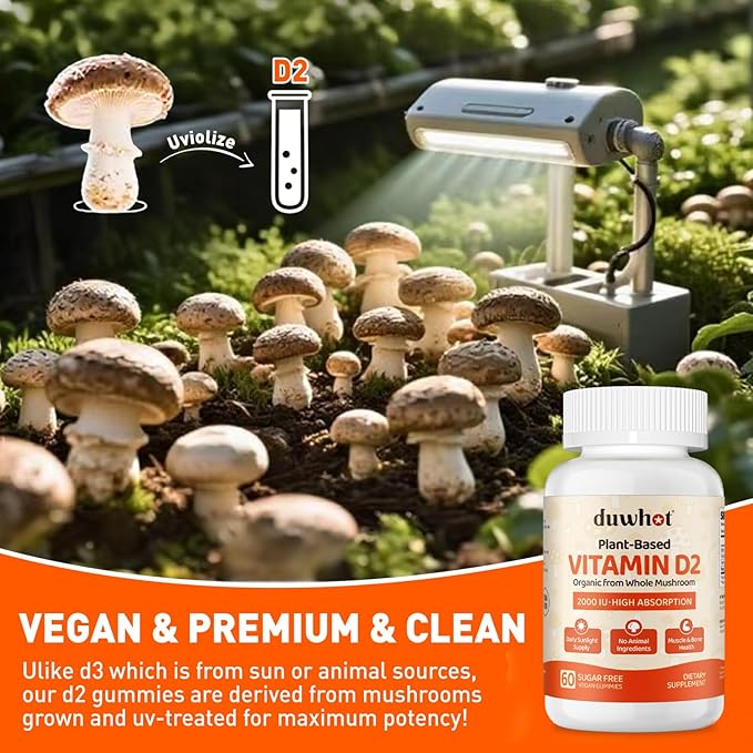 Vitamin D2 Gummies 2000 IU Plant-Based D2 Vitamin Supplement from Whole Mushroom Immune Support Daily Sunshine SupplyVegan Non-GMO Orange 120