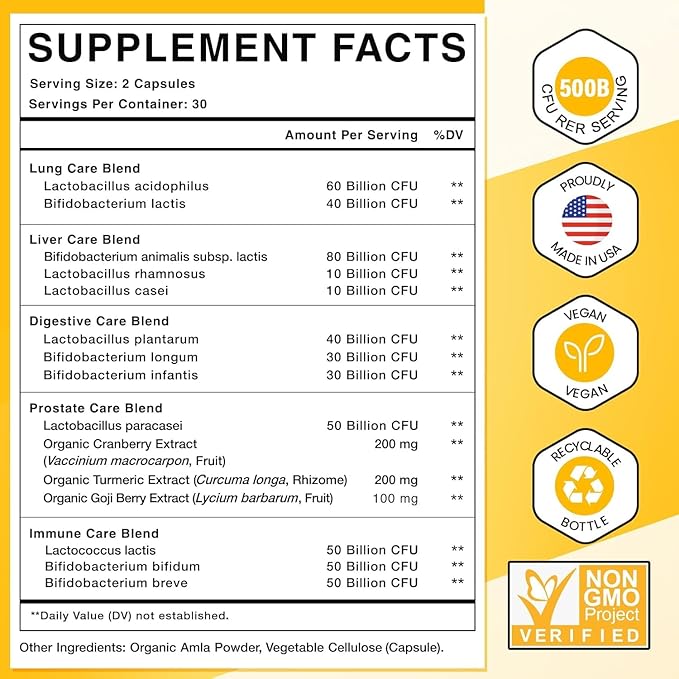 Probiotics for Men 500 Billion CFUs &amp 12 Strains Mens Probiotic with Turmeric Cranberry Goji Gut Health for Men for Digestive Health Gut Bloating &amp Gas Immune Energy Support 60-Day Su