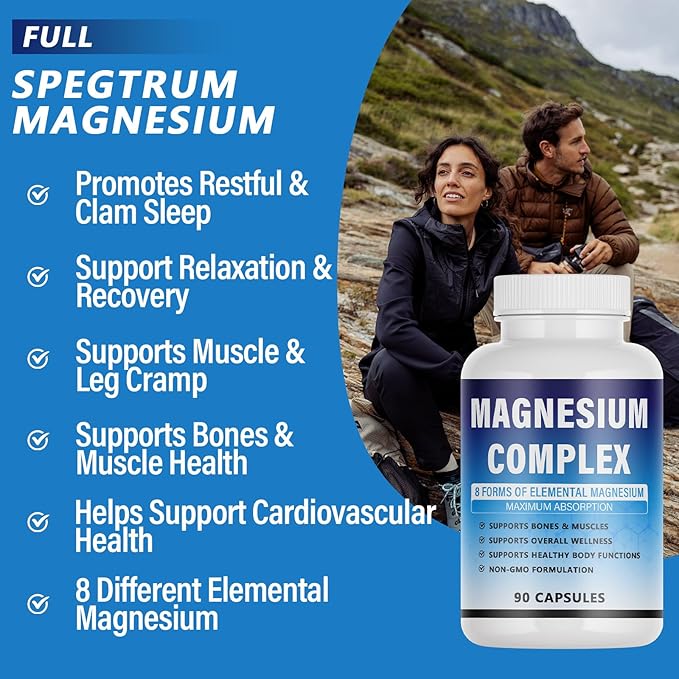 Magnesium Complex Supplement - 8 Elemental Magnesium 1000mg - Glycinate Citrate Malate Taurate Chelated | Easy Absorption Energy Support | Vegan Non-GMO 90 Capsules (1pc)