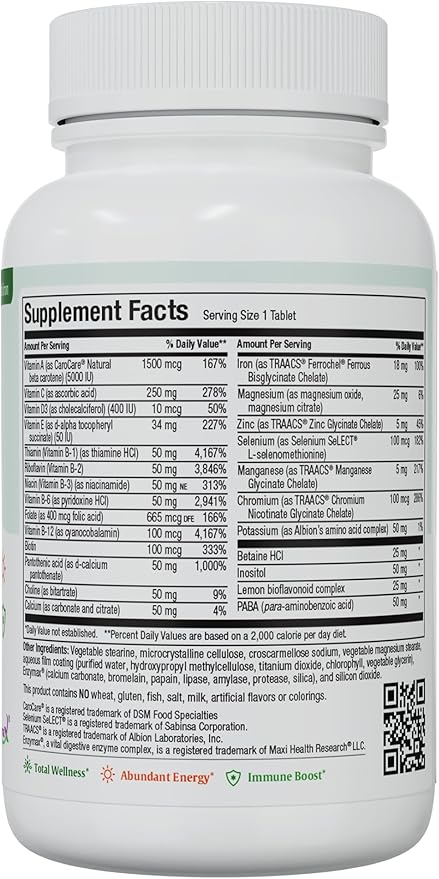 Maxi Health Complete Once Daily Vitamins for Men &amp Women - Multivitamin for Women &amp Men with Iron Vitamin A B1 B2 B3 B6 B12 C D3 E Zinc (90 Tablets)