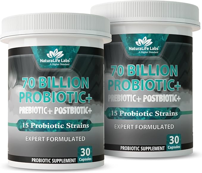 NaturaLife Labs Probiotics 70 Billion CFU – 15 Strains with Organic Prebiotic &amp Postbiotic – 3-in-1 Formula – 30 Vegan Capsules (2 Pack)
