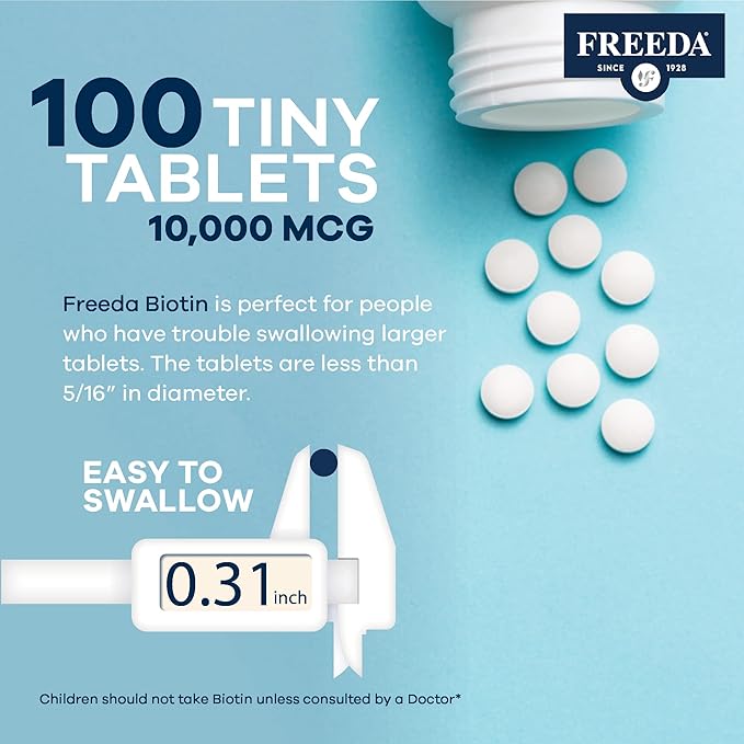 FREEDA Biotin 10000 mcg – Kosher Hair Skin &amp Nails Supplement – High-Potency B7 for Hair Growth &amp Strong Nails – Vegan Tablets with D-Biotin – 100 Tiny Tablet