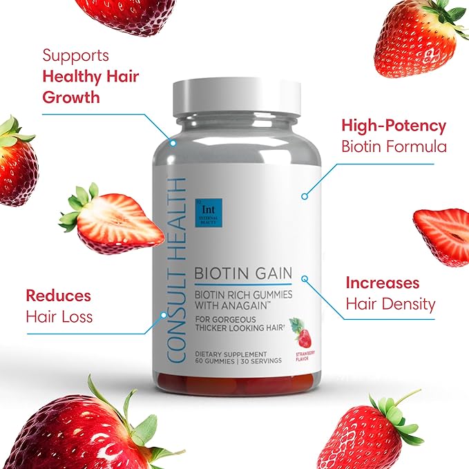 Consult Health BIOTIN GAIN Gummies with ANAGAIN - Reduce Hair Loss - Clinically Tested - 10000 mcg Biotin Vitamin B7 to Support Healthy Hair Growth Skin and Nails for Women and Men - 60 Count