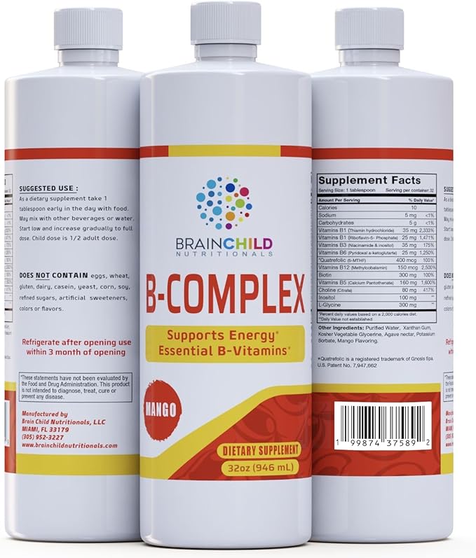 BrainChild B-Complex Liquid - High-Potency Methylated B Vitamins for Energy Stress &amp Mood Non-GMO Vegan Gluten-Free Mango - 32oz