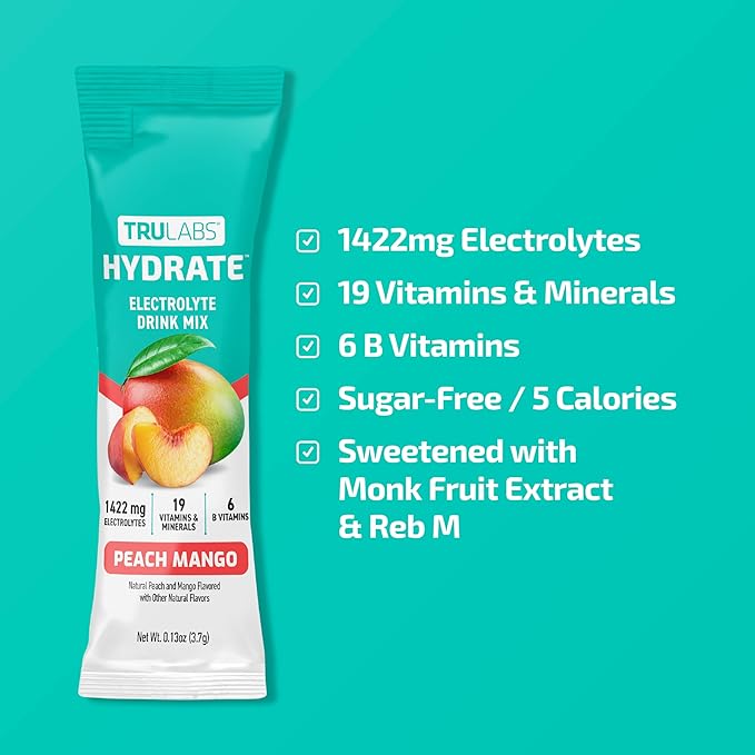 TRULABS Hydrate - Peach Mango. Sugar Free Electrolytes Hydration Packets. Each Serving Contains 1422 mg of Electrolytes &amp19 Vitamins &amp Minerals (16 ct)