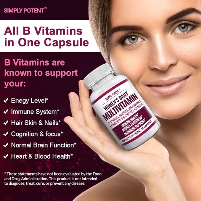 Simply Potent | Women's Multivitamin – 37 Vitamins &amp Minerals with Biotin Vitamins A C D E B12 Folate Zinc Magnesium Calcium &amp Green Tea Extract | Non-GMO Gluten-Free | 60 Capsules